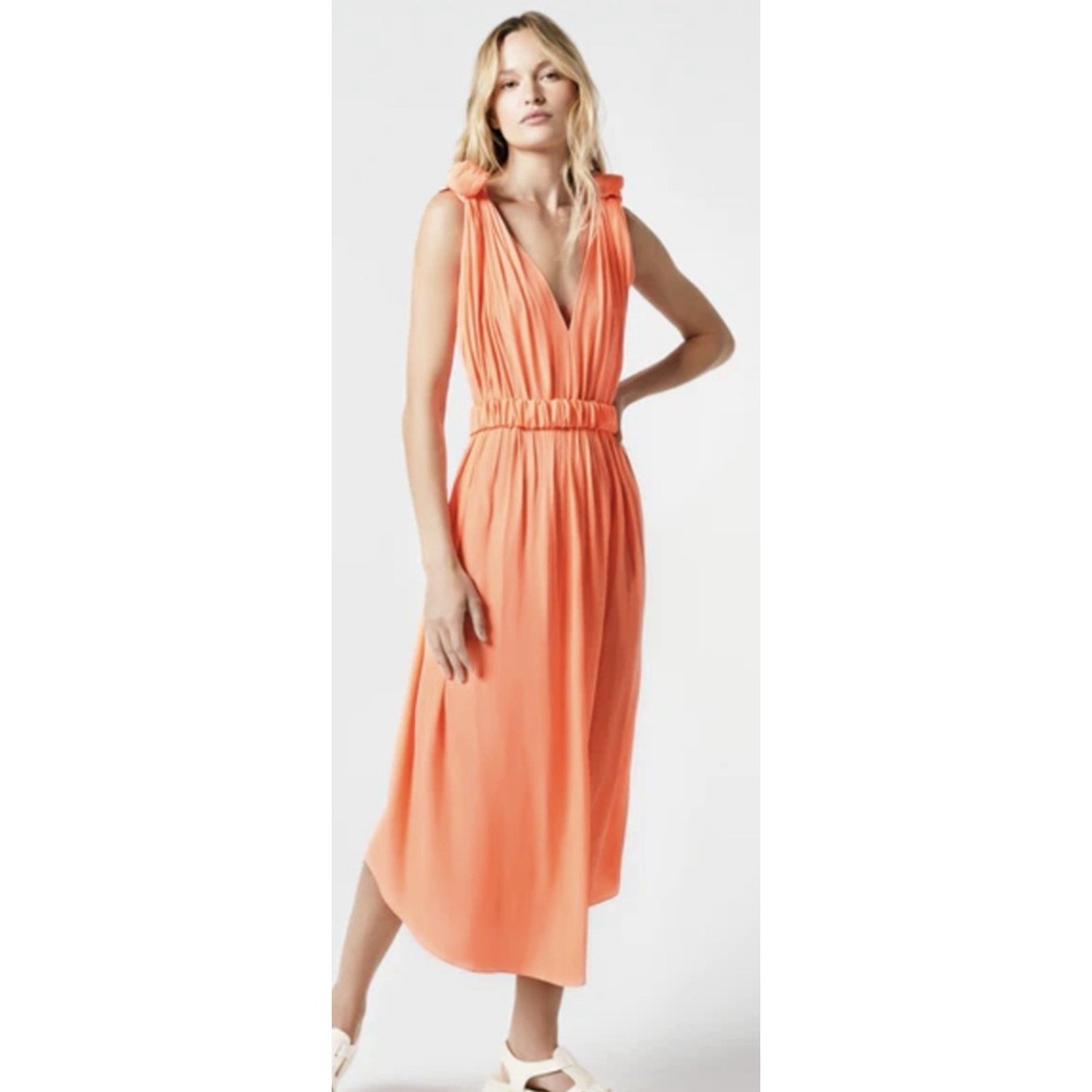 NWT Smythe Neon Knot Dress Coral Orange V-Neck Midi Pleated Belted S MSRP $625